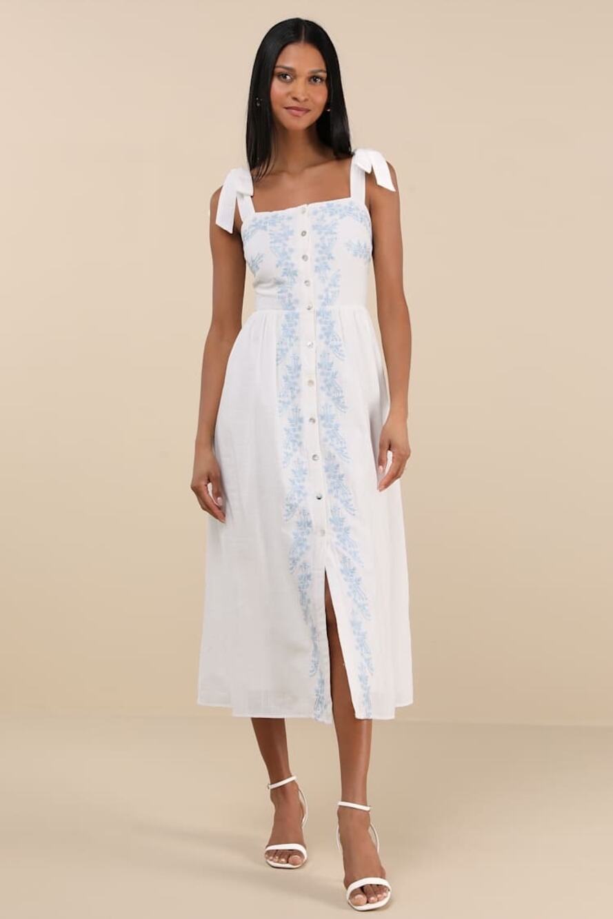 NWT Lulus Corinthia White Embroidered Button-Front Midi Dress Resort Cruise Sz M